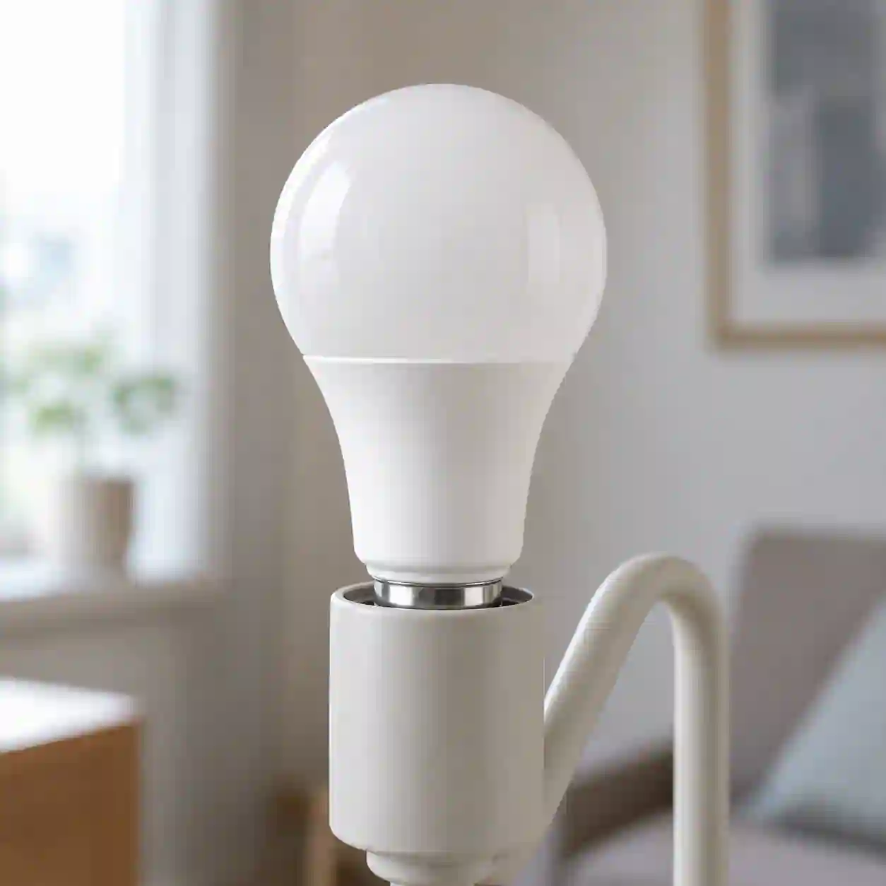 Žárovka Philips Essential zašroubovaná v objímce stolní lampy